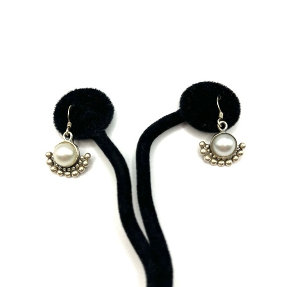 Dangle Pearl Earrings Sterling Silver 925  Fan Style with Center Faux Pearl VTG - Picture 3 of 8